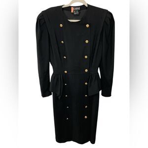 Vintage Escada Black Double Breasted Dress | Gold Monogram Buttons | Size EU 38